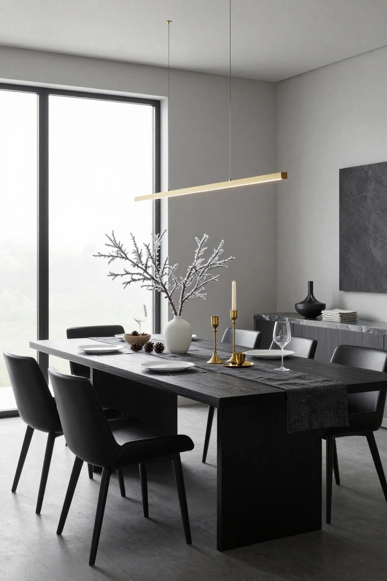 Modern dining room featuring a long dark wood table set with white plates, frosted branches in a white vase, pine cones, gold candlesticks, wine glasses, and black leather chairs, under a gold linear pendant light next to large windows.