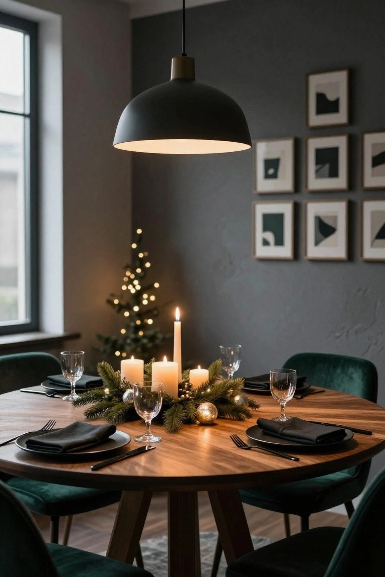 Round wooden dining table set for Christmas with black plates and napkins, white pillar candles, evergreen branches and gold ornaments centerpiece, green velvet chairs, small lit Christmas tree in corner, and black pendant light over gray textured walls.