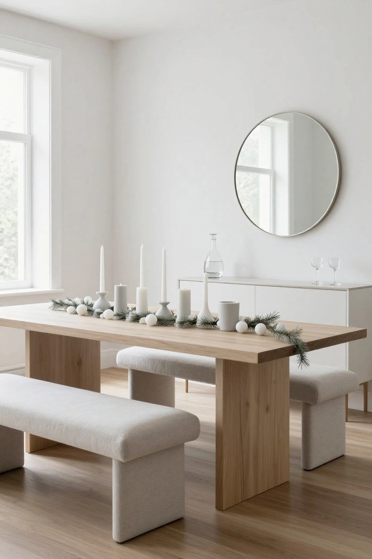 Modern dining room featuring a long oak table with white upholstered benches, a centerpiece garland of fir branches and white baubles, candles, and a round mirror on the white wall beside a window.