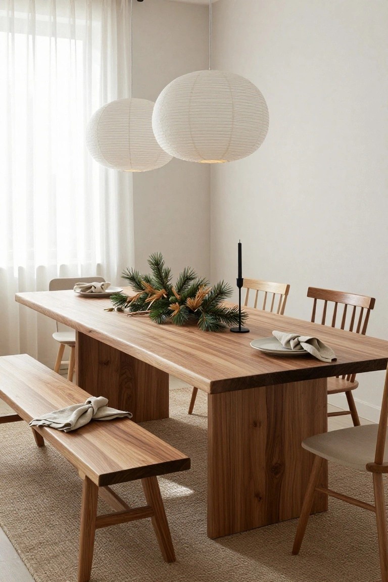 Wooden dining table and benches in a light room, set with white plates, linen napkins, pine branch centerpiece with black candle, and two hanging white paper lanterns near sheer-curtained windows.