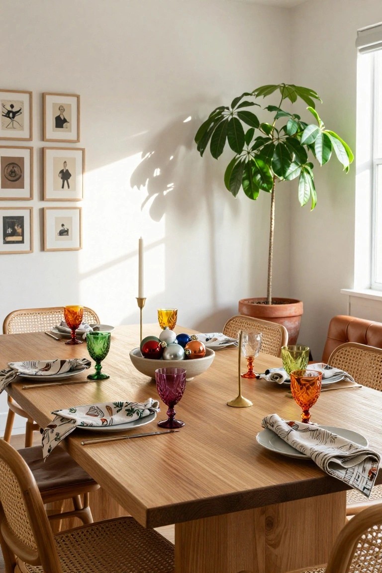 Wooden dining table set with multicolored faceted glass tumblers and wine glasses in orange, green, purple, yellow, and amber, a white bowl of red, silver, blue, and white Christmas ornaments as centerpiece, botanical print napkins, rattan chairs, leather stools, gold candlestick, potted schefflera plant, and framed art on white walls in a sunny room.