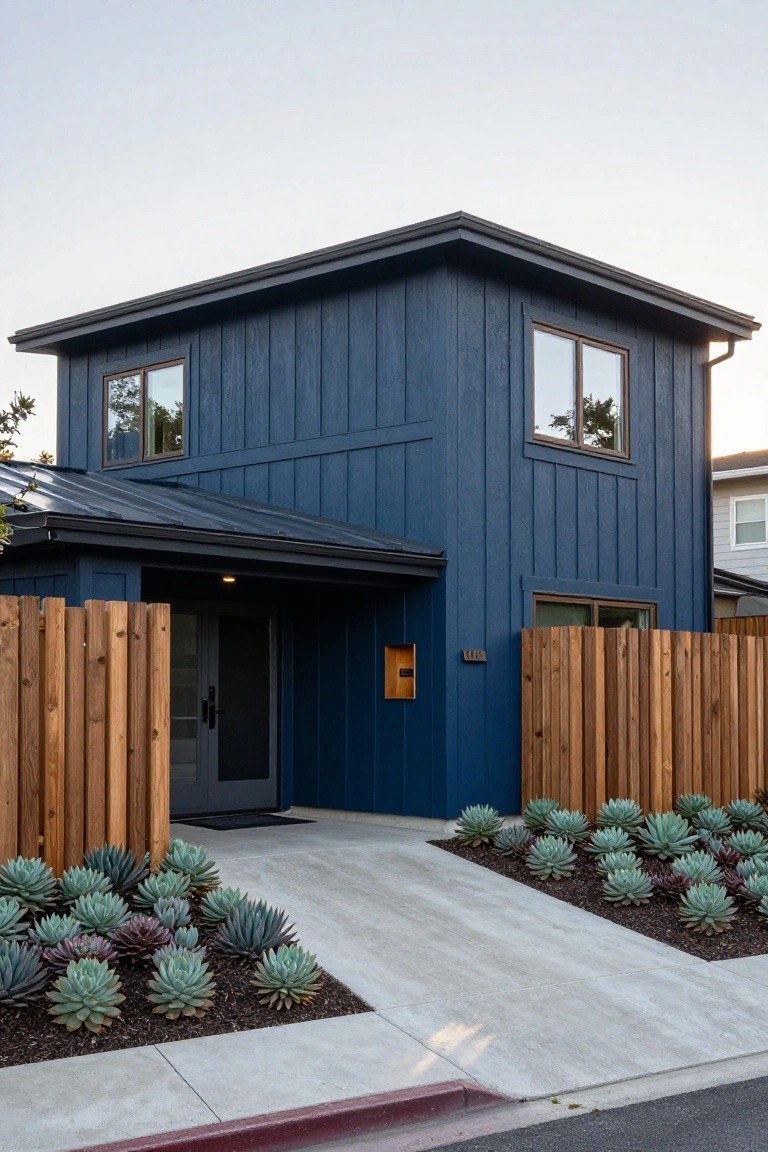 A two-story modern house with dark blue vertical board-and-batten siding, black metal roof overhang above the entry, glass door, wooden fences on both sides, succulent plantings, and concrete walkway.