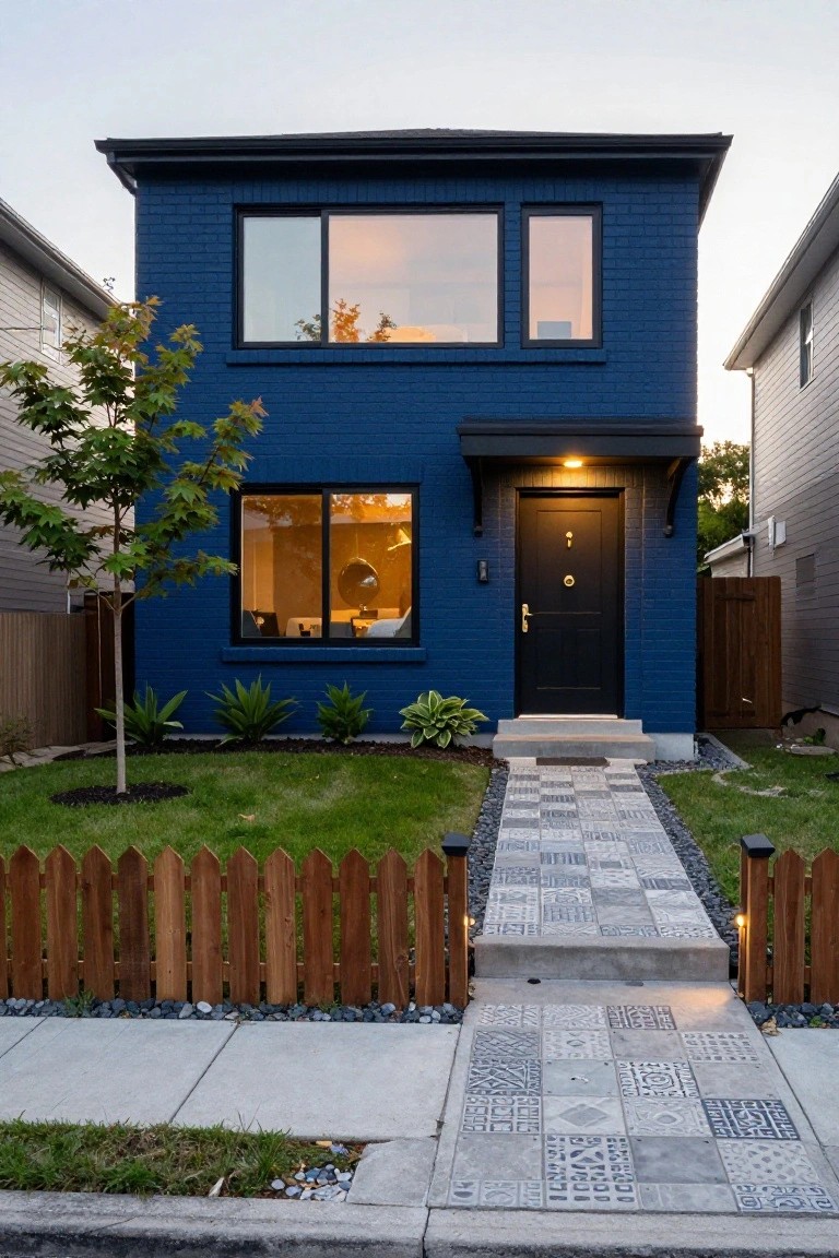 A modern two-story house with dark blue brick exterior, large horizontal black-framed windows, black front door under a small overhang, wooden picket fence, agave plants, grass lawn, and gray patterned concrete pathway from the sidewalk.