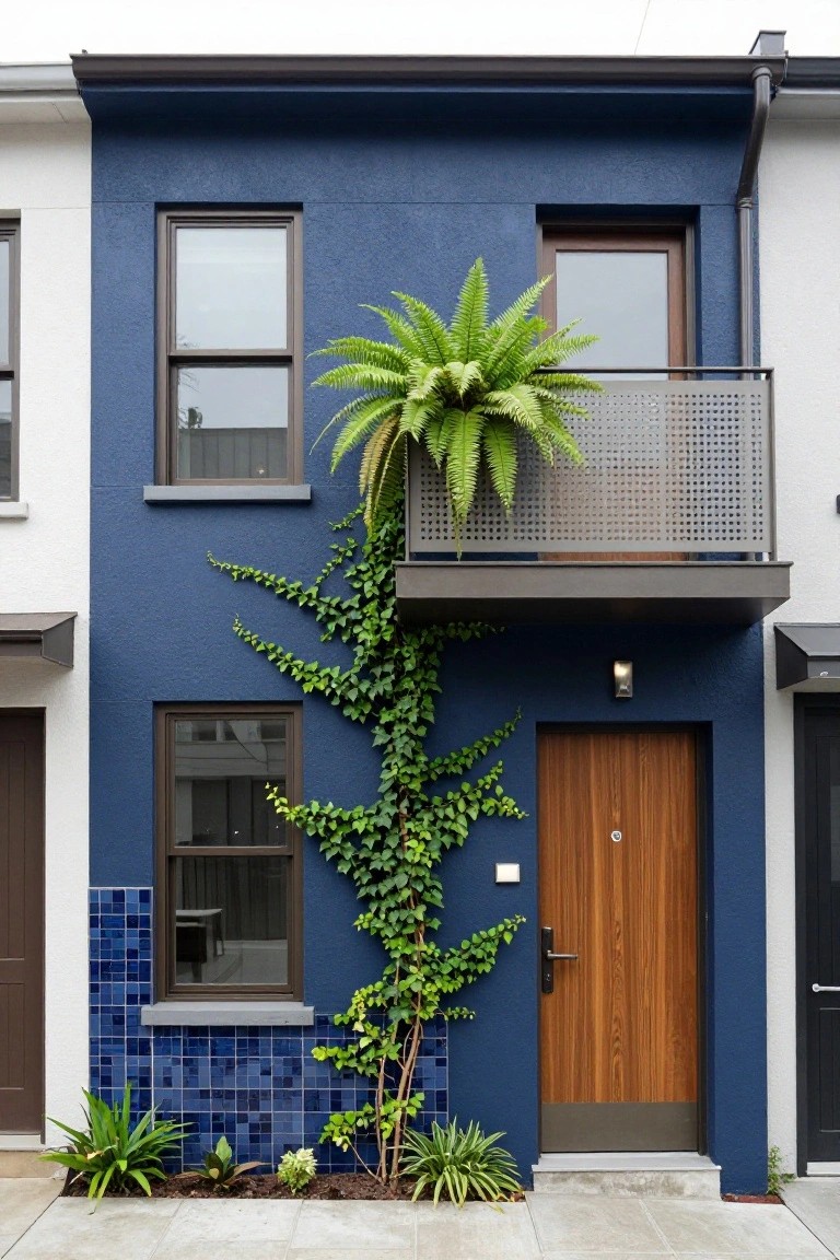 Narrow two-story townhouse with dark blue exterior walls, climbing green ivy on one side, wooden front door, blue mosaic tiles at the base, potted plants, metal balcony with large fern, flanked by white neighboring houses.