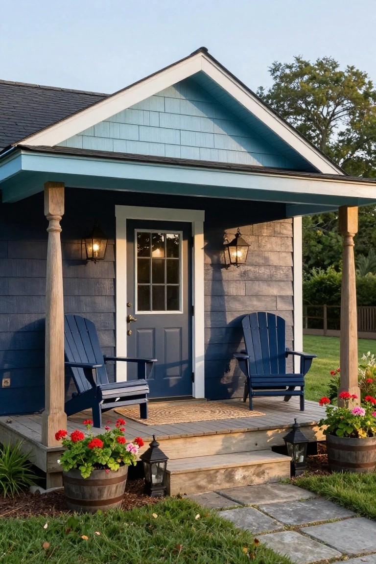 A dark blue shingled cottage with a covered front porch displaying two navy Adirondack chairs on a round seagrass rug, wooden posts, lanterns beside a navy door with window, potted red geraniums in barrels, steps, and a stone path.