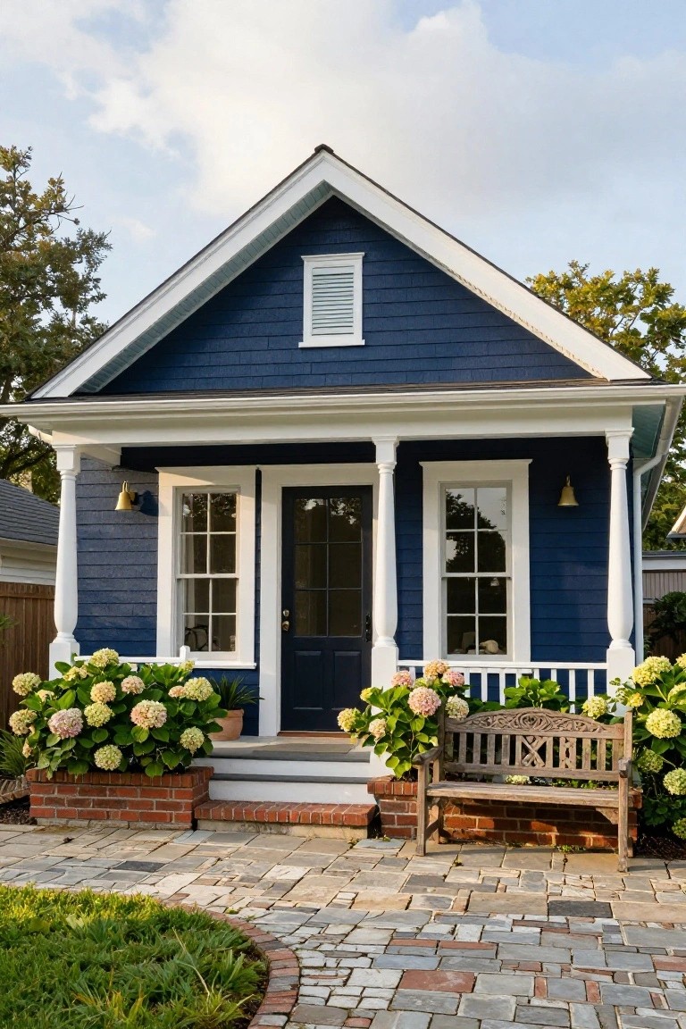 Dark Blue Shingle Cottage with Porch Bench