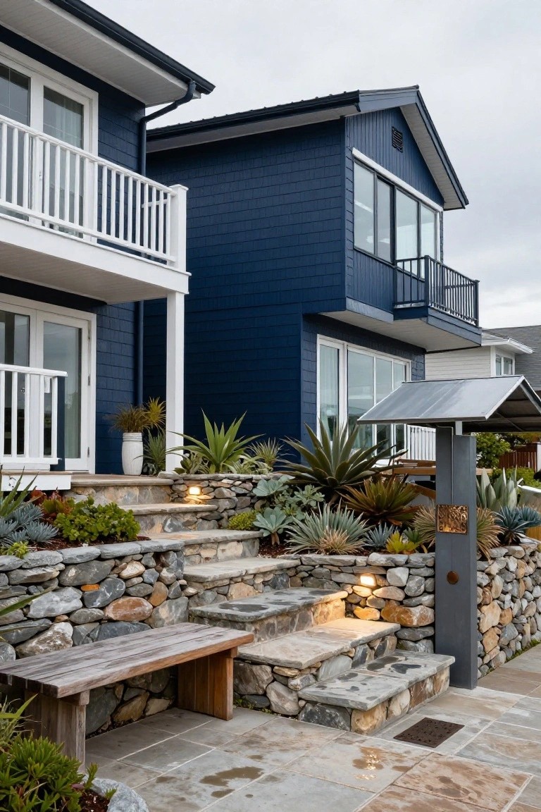 Two-story dark blue shingled house exterior with white trim, balcony railings, glass doors, tiered stone steps with rock retaining walls planted with succulents, wooden bench, pathway lights, and pavers.
