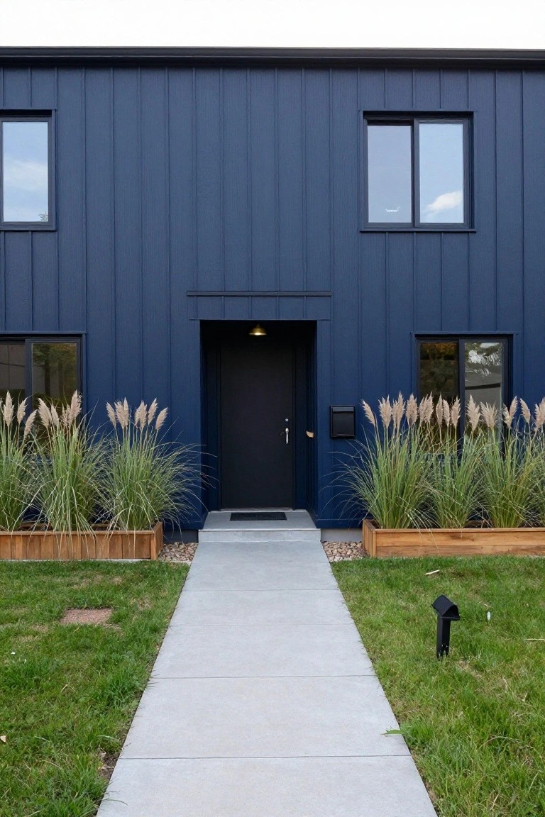 Front exterior of a two-story house with dark blue vertical board-and-batten siding, black-framed windows, centered black entry door flanked by matching wooden planters of tall pampas grass, concrete walkway, and lawn.