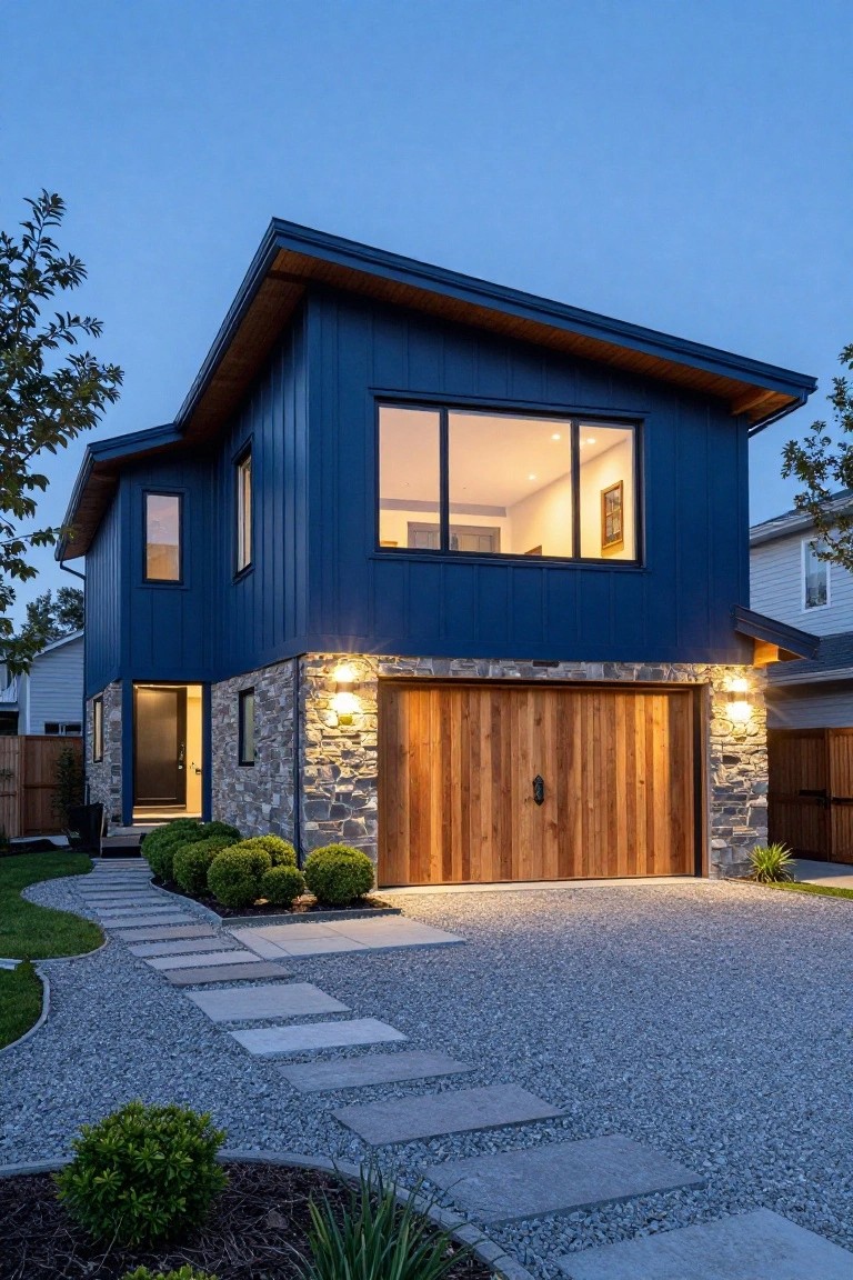 Modern two-story house exterior featuring dark blue vertical siding, large wooden garage door with stone surround and lanterns, concrete step path through gravel driveway, boxwood shrubs, and dusk lighting.