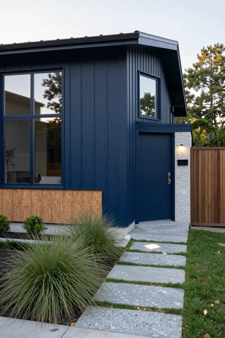 Corner view of a modern house with dark blue vertical board-and-batten siding, large multi-pane windows, navy blue entry door next to a stucco pillar, wood fence, stone slab pathway, and grasses in the front yard.