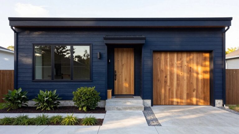 Dark blue vertical paneled house exterior with black-framed windows, light wooden front door under a black overhang, black garage door, stone entry steps, concrete pavers, gravel edge, and low plants including agave.