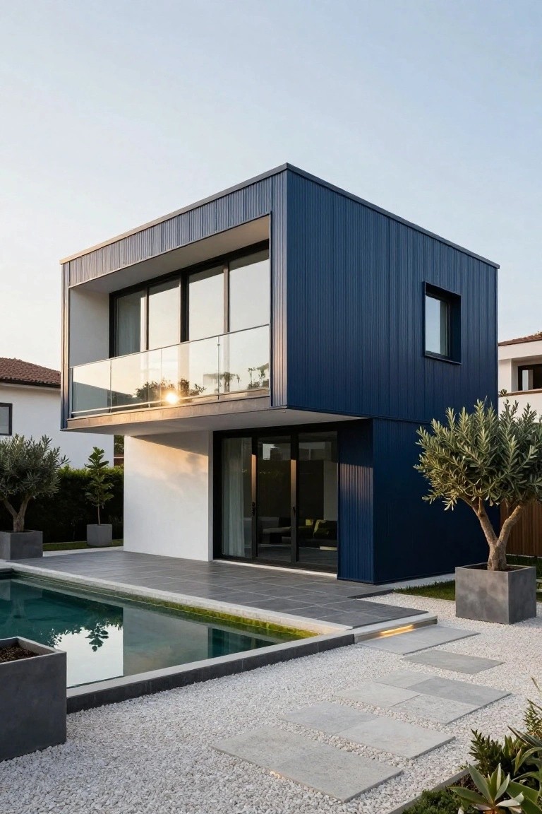 A two-story modern house featuring dark blue corrugated metal cladding on the prominent side, white walls, large glass windows and doors, a glass-railed balcony, adjacent swimming pool, gravel pathway, and potted olive trees.