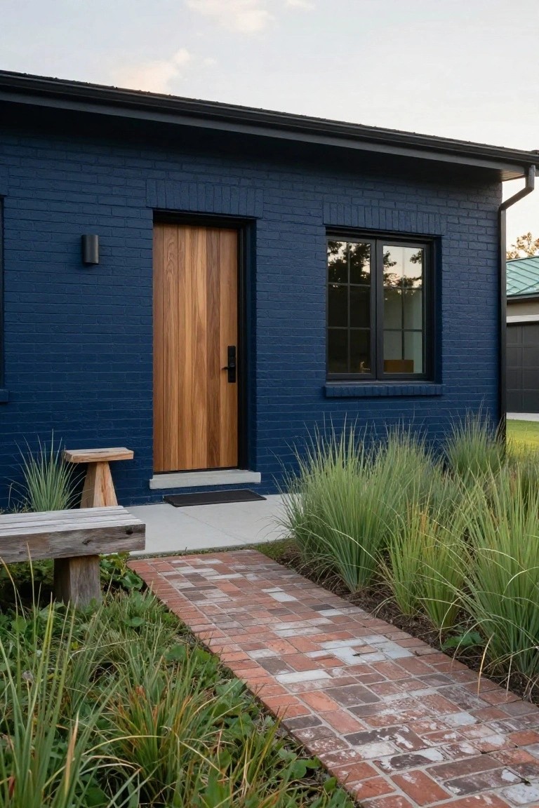 Dark blue brick house exterior wall with vertical wooden door, black-framed window, wall light, brick pathway edged by tall ornamental grasses, and wooden stools near the entry.