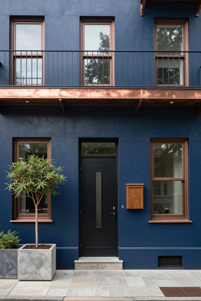 Three-story house exterior with dark blue walls, wood-framed windows, black front door, copper balcony railing and awning, potted schefflera tree and ferns in concrete planters beside stone steps on paved sidewalk.