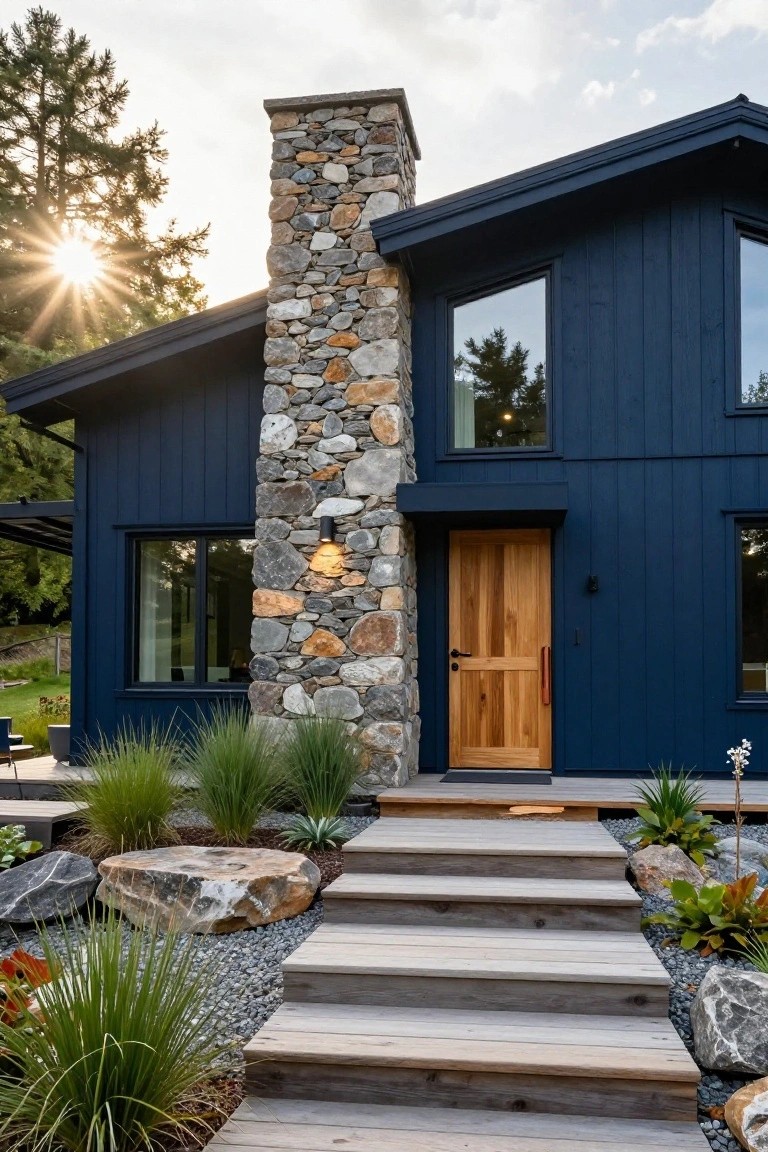A modern two-story house with dark blue vertical siding, a tall stacked stone chimney next to the wooden front door, light wood steps leading to the entry, and landscaping with grasses, rocks, and boulders.