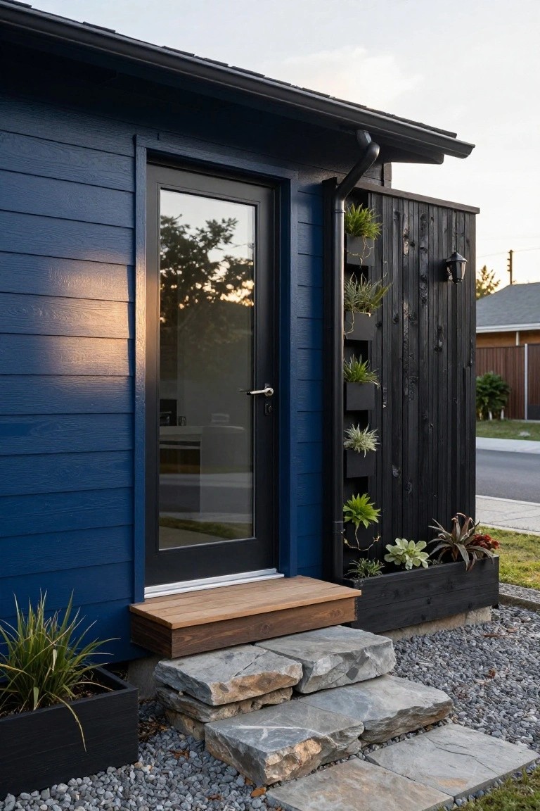 Dark blue horizontal wood siding on a house exterior with a black-framed glass door, adjacent black vertical wood wall holding multiple black planters filled with succulents, wooden stoop, irregular stone steps, black planters with grasses on the ground, and gravel landscaping.