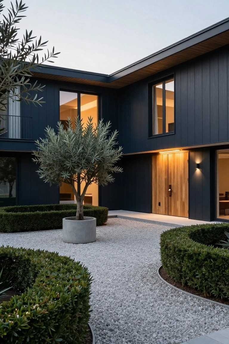 Modern two-story house exterior featuring dark blue vertical cladding, large flush wooden double entry doors with handles, potted olive tree, curved boxwood hedges, and gravel pathway leading to the entrance.