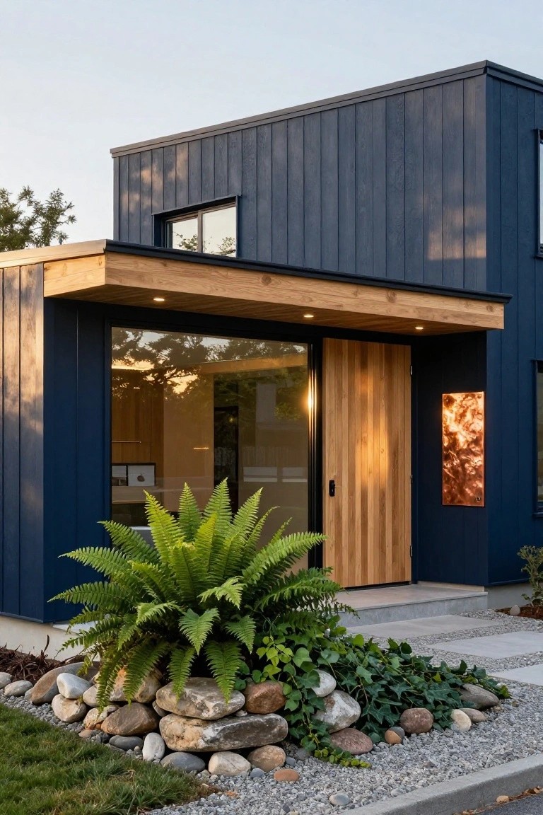 Modern two-story house exterior with dark blue vertical wood siding, light wood entry canopy and door, glass sidelight, copper wall panel, ferns, vines, rocks, and gravel in front garden bed.