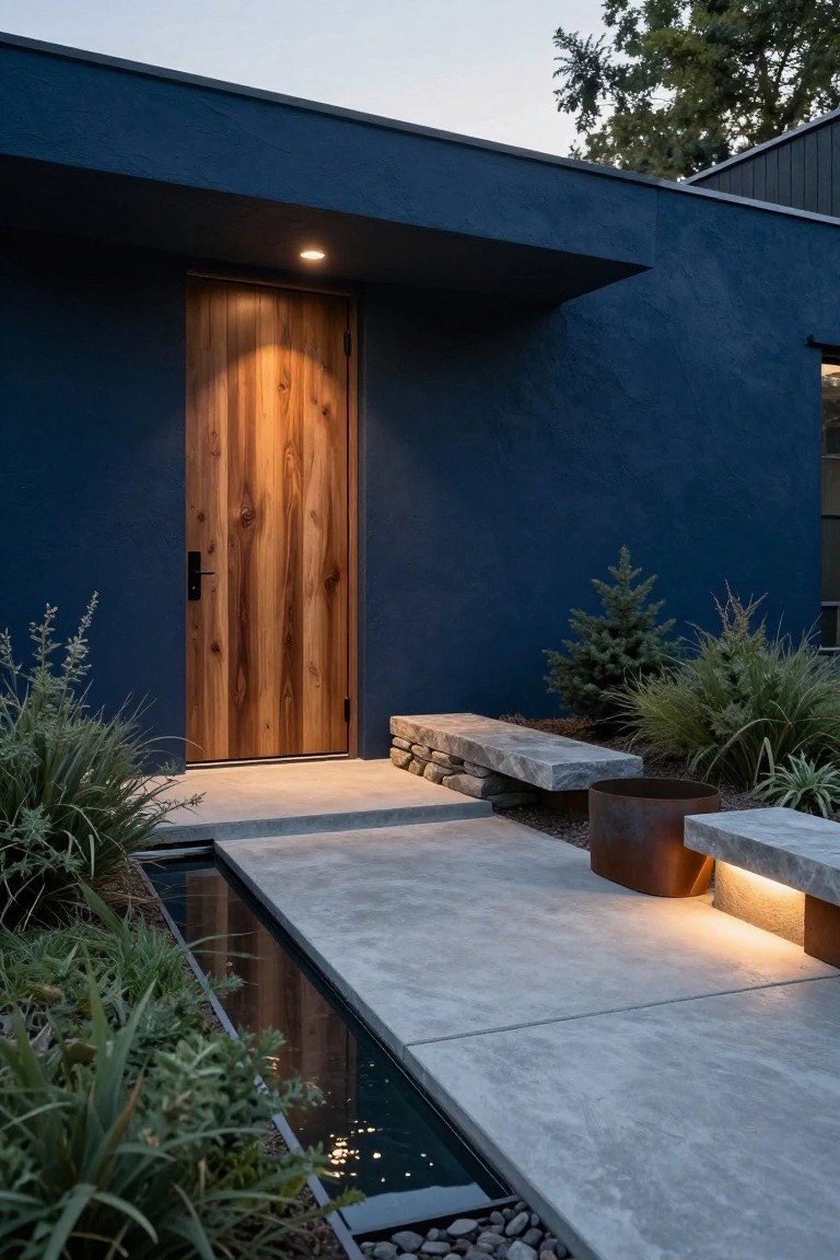 Dark blue stucco house exterior with tall vertical wooden front door illuminated by recessed overhead light, concrete entry path featuring linear water channel edged in plants and pebbles, stone benches, corten steel planter, and small trees nearby.