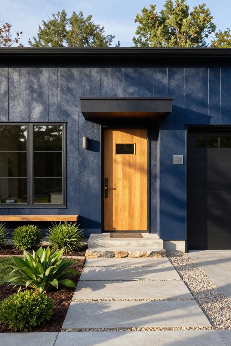 Dark blue vertical paneled house exterior with black-framed windows, light wooden front door under a black overhang, black garage door, stone entry steps, concrete pavers, gravel edge, and low plants including agave.