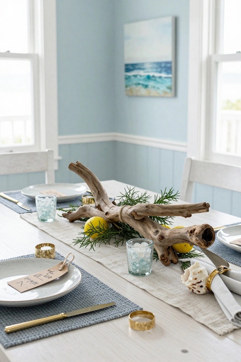 Dining table in a light blue room with white chairs, set with plates, gold flatware, and a centerpiece of driftwood, lemons, shells, fir branches, and glass votives on a linen runner.