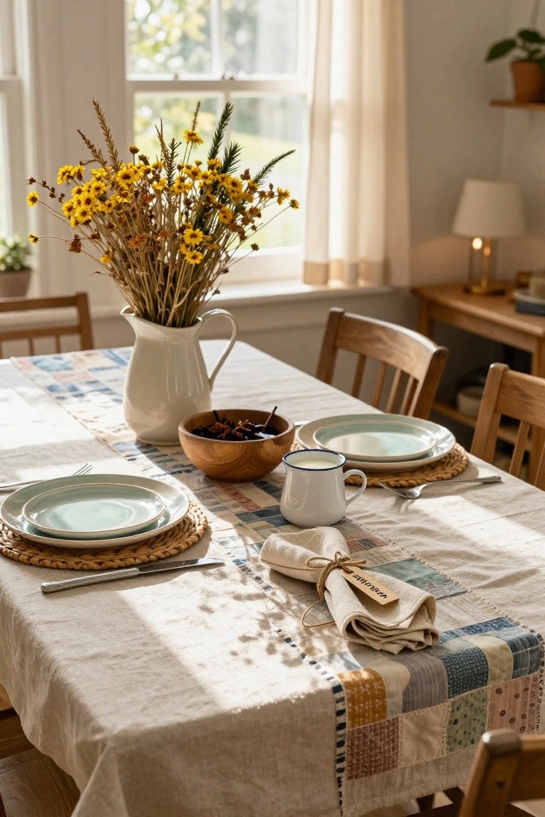 Sunlit dining table with a white jug holding dried yellow flowers, wheat stalks, and greenery as centerpiece, wooden bowl of nuts, turquoise plates on woven placemats, patchwork linen runner, knives and forks, and wooden chairs in a white-walled room.