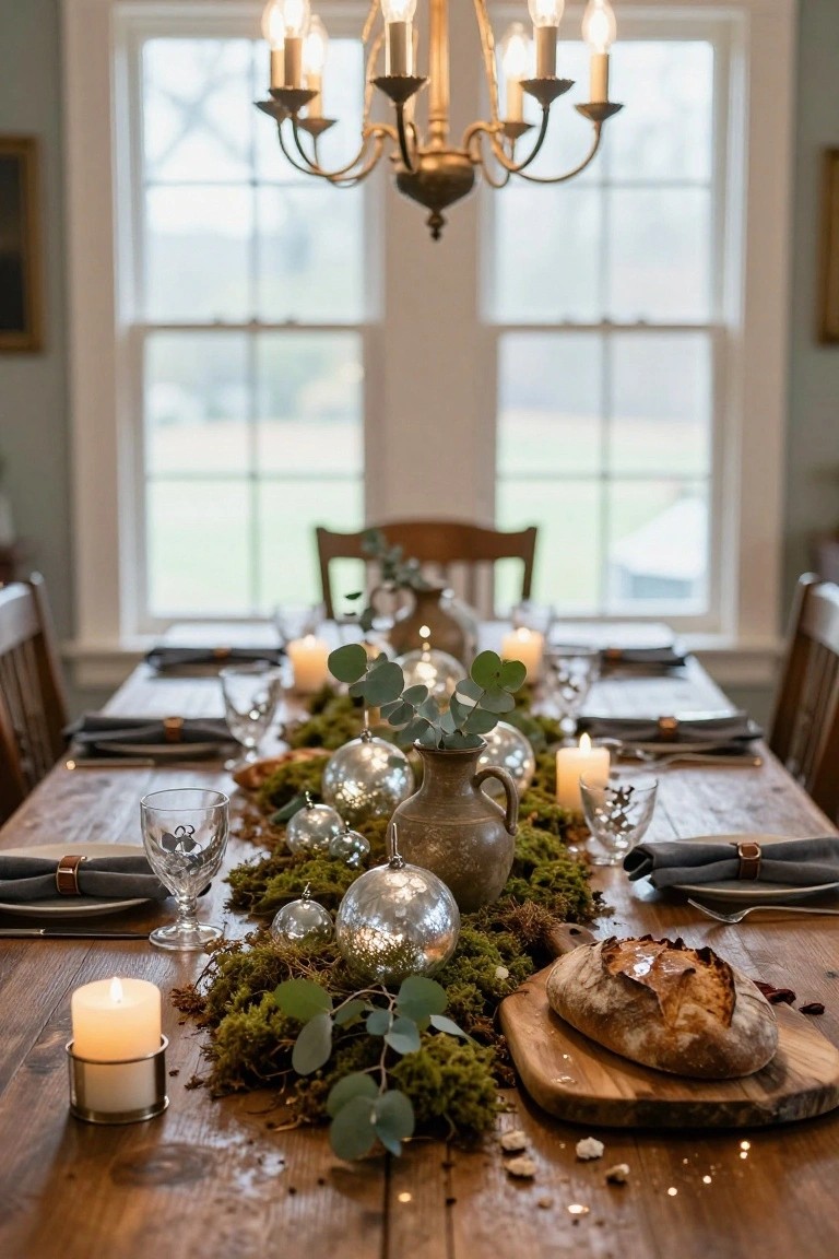 Wooden dining table set for Christmas with a centerpiece runner of green moss, eucalyptus leaves, glass ornaments, candles, wine glasses, napkins, and a loaf of bread on a board, in a room with wooden chairs, large windows, and a chandelier.