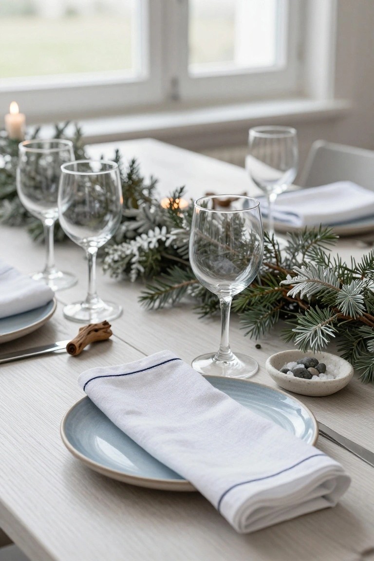 Elegant dining table set with glassware, white napkins, and greenery decor.