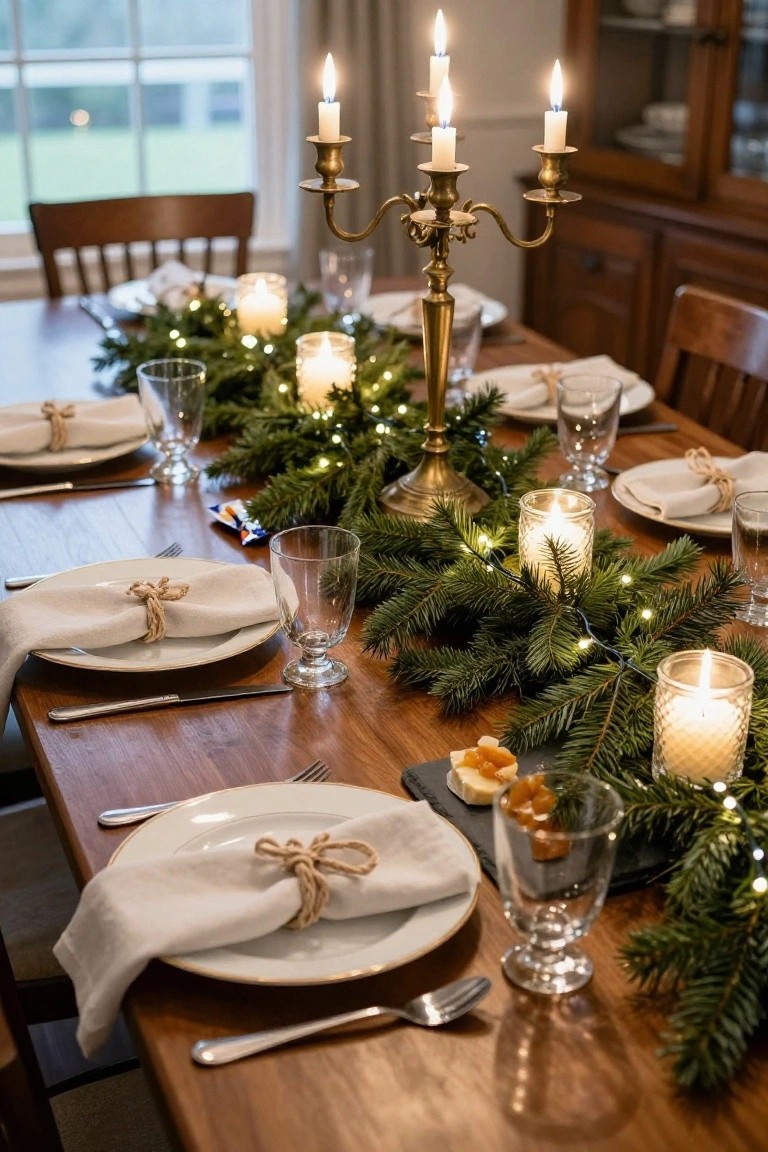 Wooden dining table set for Christmas with evergreen branch garland and fairy lights running down the center, brass candelabra, pillar candles, white plates with twine-tied linen napkins, glassware, and cheese board.