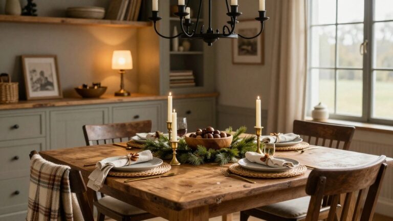 Dining table set for Christmas with pine garland runner, wooden bowl of nuts, taper candles, white plates, gold flatware, and napkins tied with orange slices and rosemary sprigs in a room with wooden furniture and chandelier.