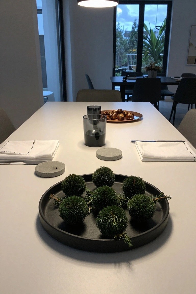 White dining table with black tray of green fir ball clusters at center, flanked by glass candles, copper plate of chestnuts, concrete coasters, white napkins, knife, and chairs, large windows showing patio beyond.