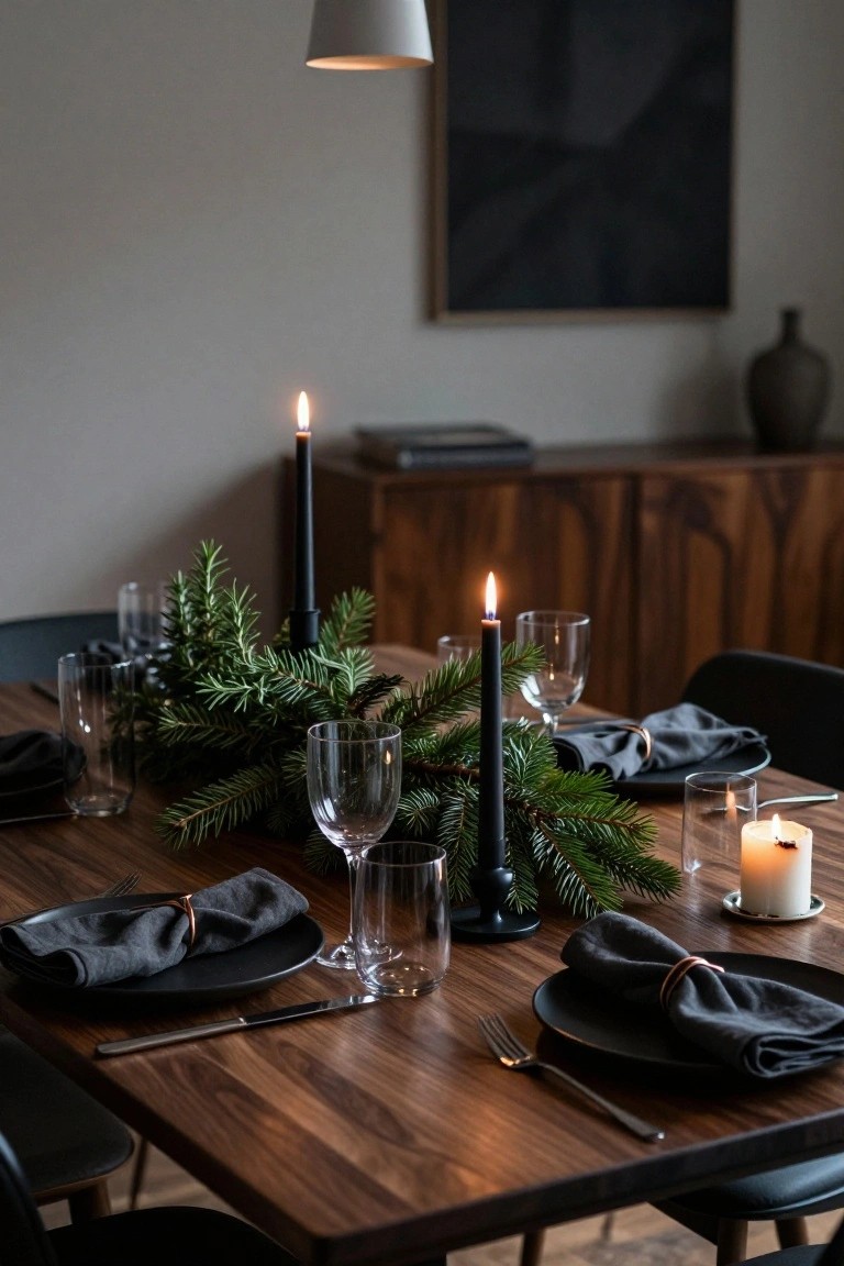 Close-up of a walnut wood dining table set for Christmas with black plates, gray linen napkins secured by copper rings, wine glasses, tumblers, silverware, black taper candles in holders, and loose fresh fir branches mixed with rosemary sprigs as a centerpiece, surrounded by black chairs in a modern interior.
