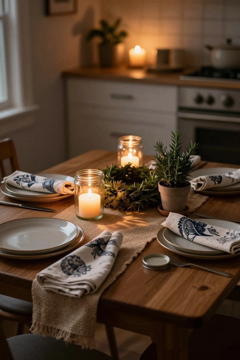 Wooden dining table in a cozy kitchen set for Christmas dinner with white plates, blue patterned napkins, silverware, mason jar candles, potted rosemary plant, green garlands, and small pots.