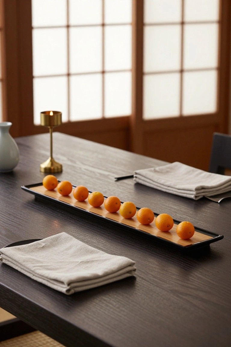 Rectangular black tray with light wood accents on a dark wood dining table, holding nine small oranges in a row, with folded gray linen napkins, brass candle holder with lit candle, white vase, and shoji screen doors in background.