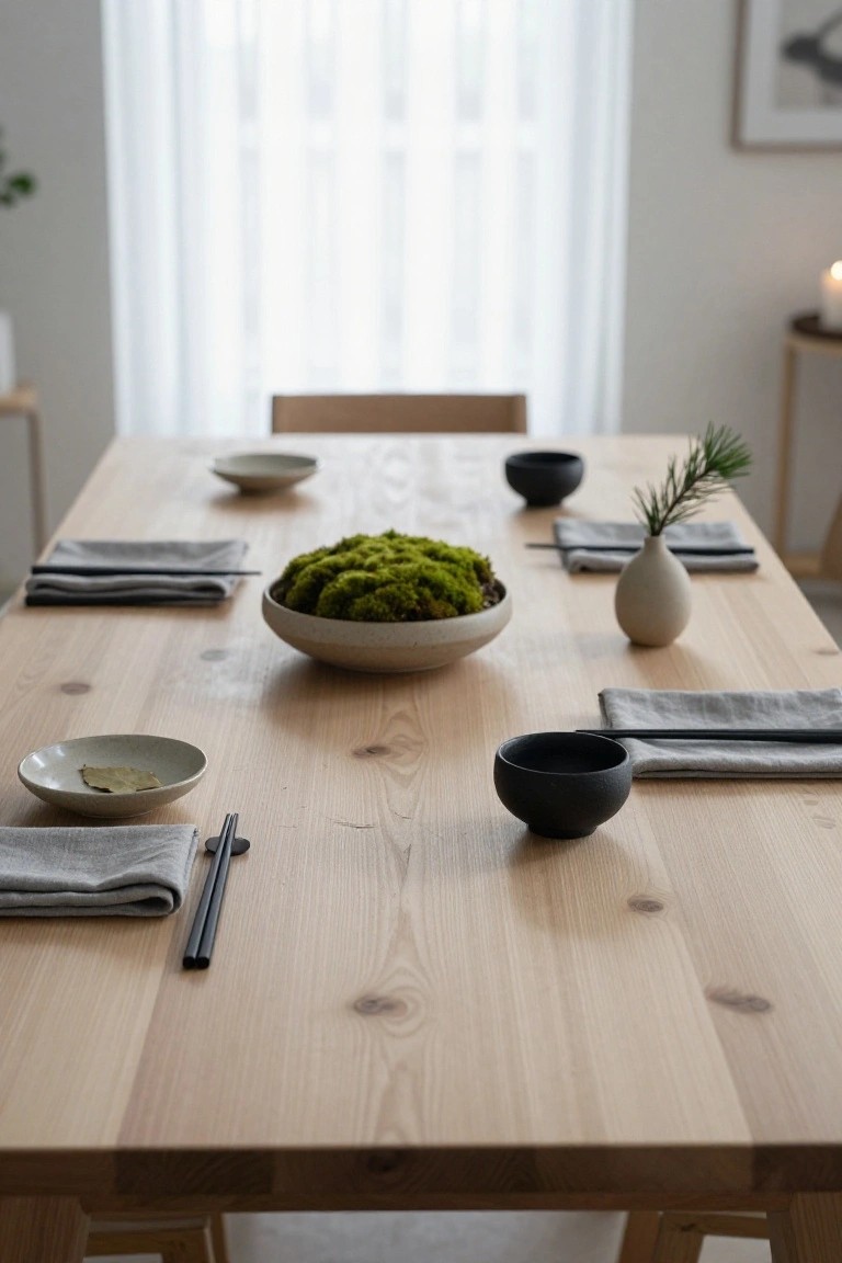 Light wooden dining table set for a meal with a large white bowl of green moss at center, small ceramic dishes, black bowls, gray linen napkins, chopsticks, and a vase holding a pine sprig, in a bright room with sheer curtains.