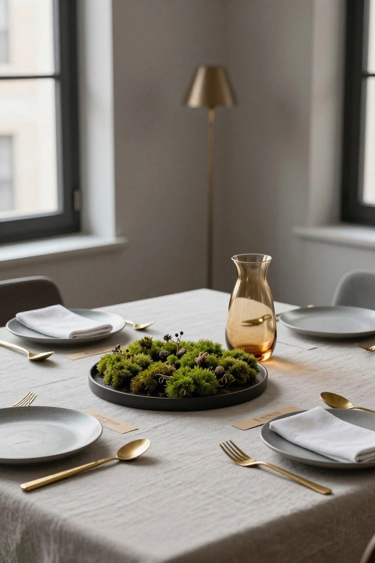 Dining table with a black plate holding a round moss and seed pod centerpiece, surrounded by gray plates, white napkins, gold flatware, a tall glass vase, and a gold floor lamp nearby.