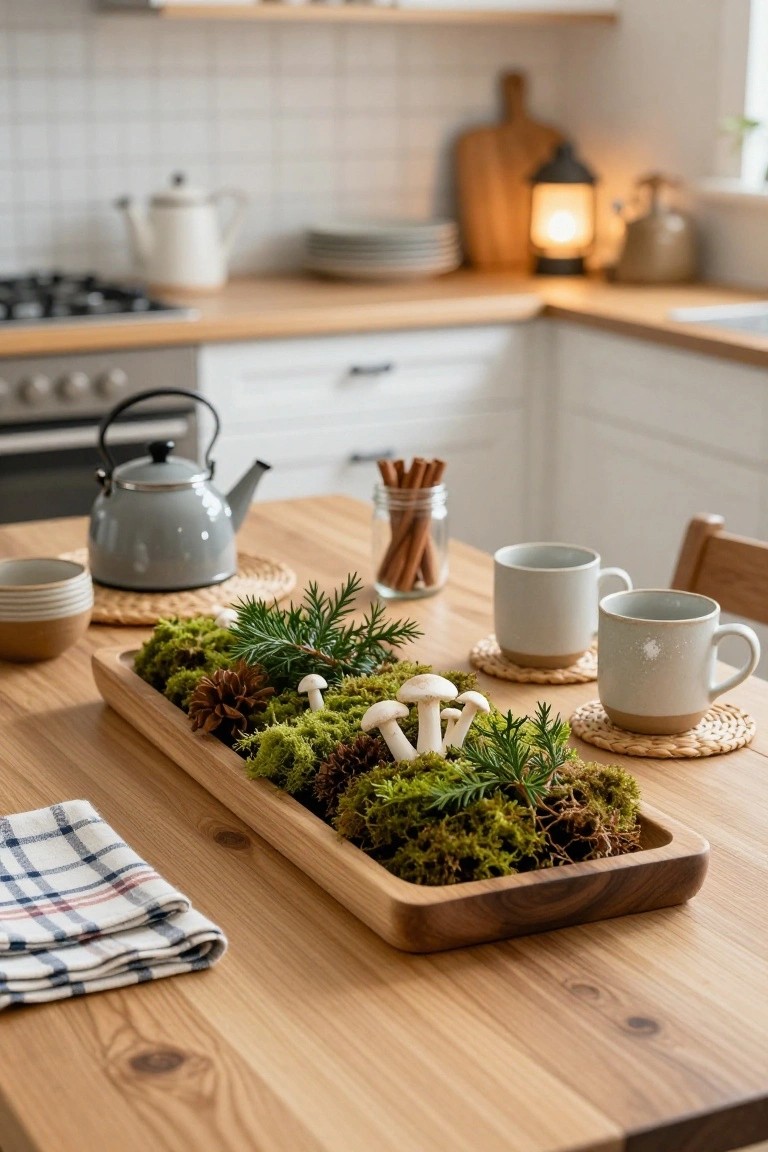 Wooden tray on a wooden dining table filled with green moss, white mushrooms, pinecones, fir branches, and moss coasters, with gray teacups, a teapot, and kitchen elements in the background.