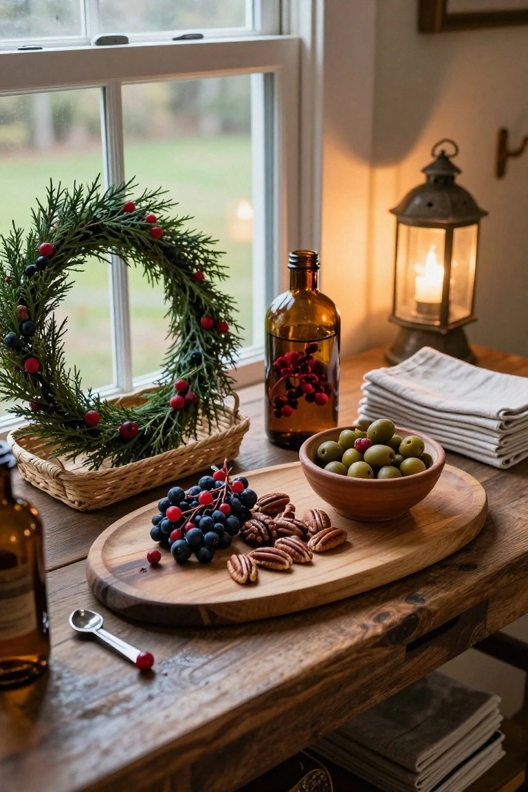 Wooden serving board on a rustic table holding blueberries, red berries, pecans, and green olives in a bowl, with a woven basket containing an evergreen wreath with berries nearby, a brown glass bottle of oil, folded linens, and a lit metal lantern by a window overlooking greenery.