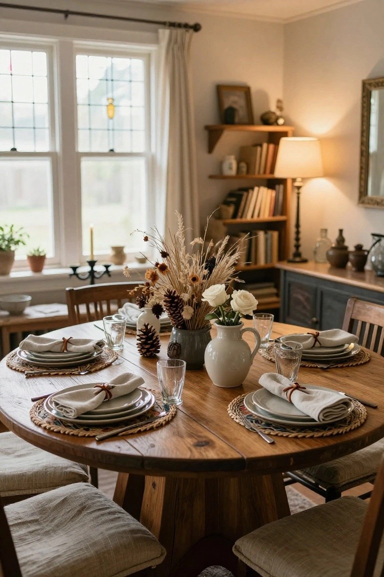 Wooden round dining table set for four places with white plates on woven placemats, linen napkins tied with twine, clear glasses, and a centerpiece of tall dried pampas grass, pinecones, white roses, and a white jug in a light-filled room with shelves and windows.