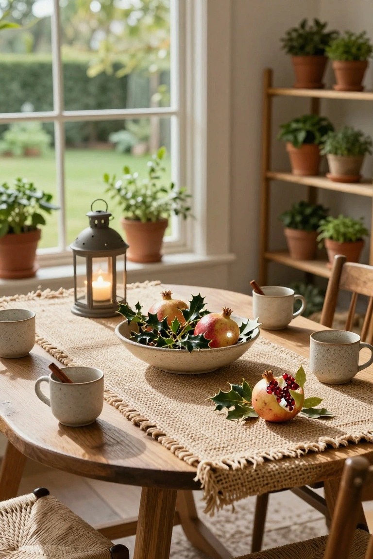 Wooden round dining table with beige jute runner, white ceramic mugs with cinnamon sticks, central white bowl of pomegranates and holly, lit lantern candle, terracotta plant pots, and ladder shelf with greenery near window with garden view