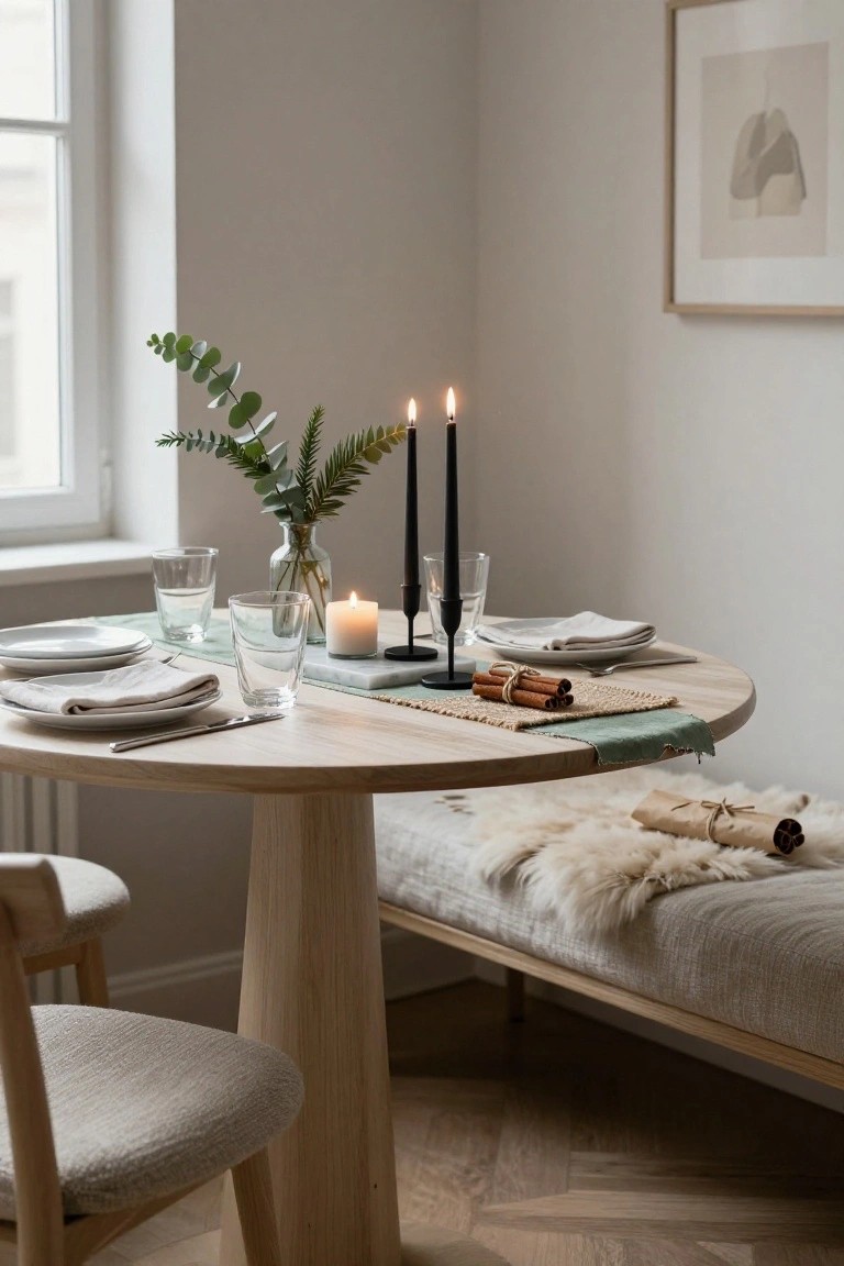 Round light wooden dining table set for two with eucalyptus in a vase, black candlesticks, tied cinnamon sticks on a woven placemat, glasses, plates, napkins, and a nearby bench with sheepskin in a white-walled room with parquet floor.