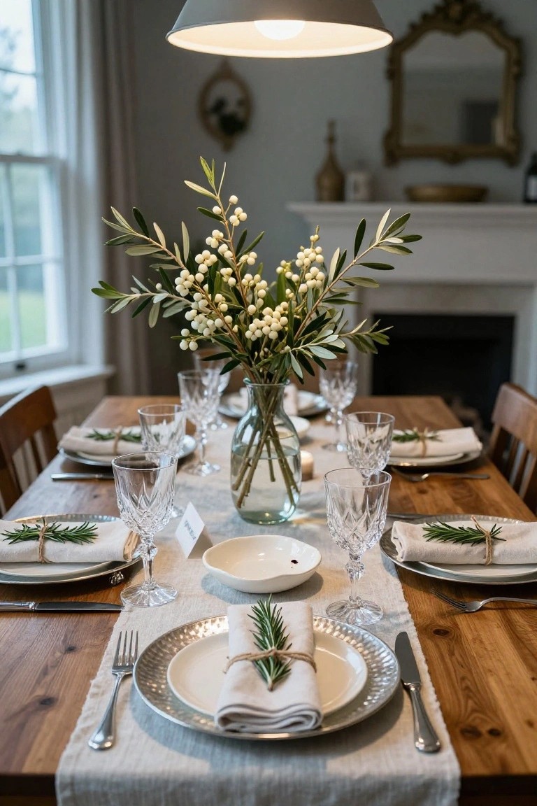 Dining table set with olive branch centerpiece in glass vase, crystal glassware, white plates on silver chargers, linen napkins tied with rosemary sprigs, wooden table runner, in a room with window and fireplace.