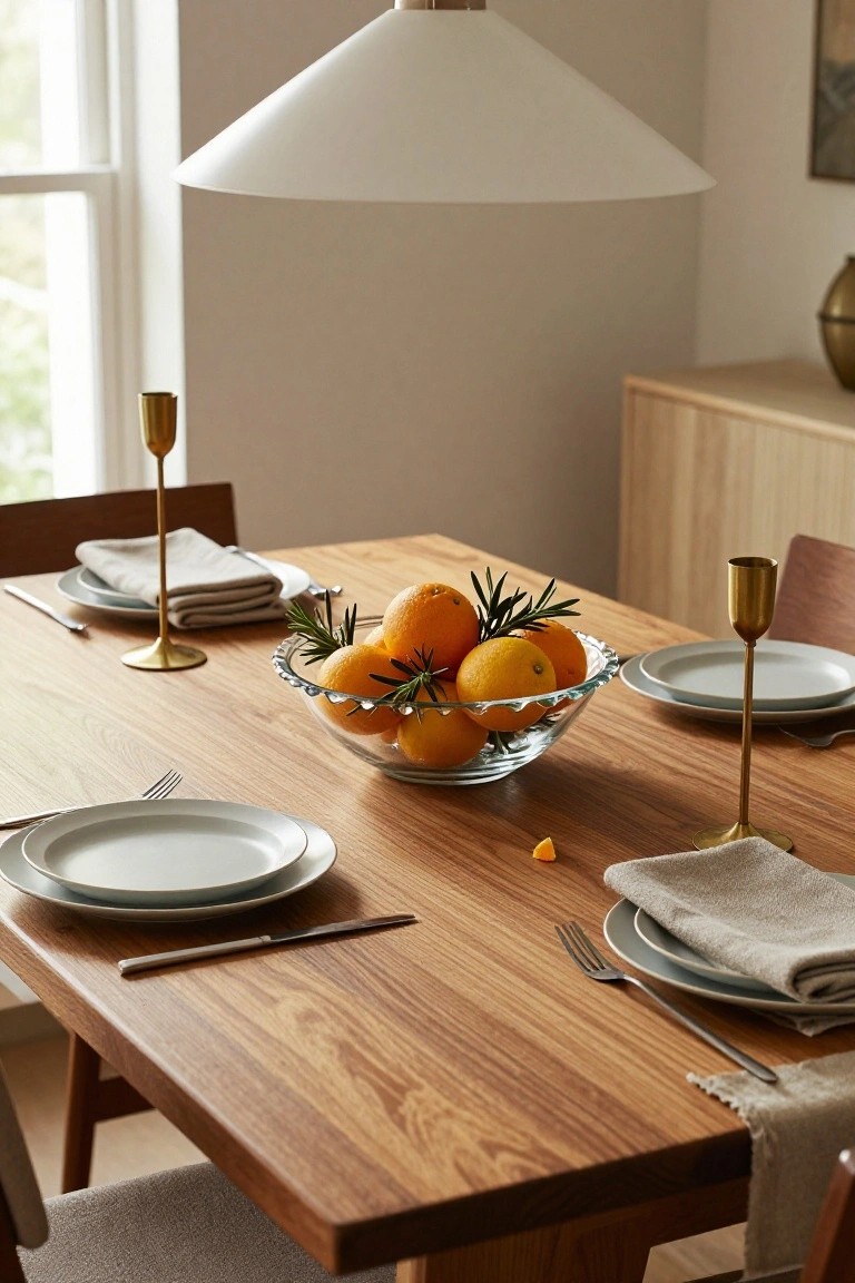 Wooden dining table with glass bowl of oranges and rosemary sprigs as centerpiece, white plates, forks and knives, linen napkins, brass candlesticks, and chairs in a light-filled room.