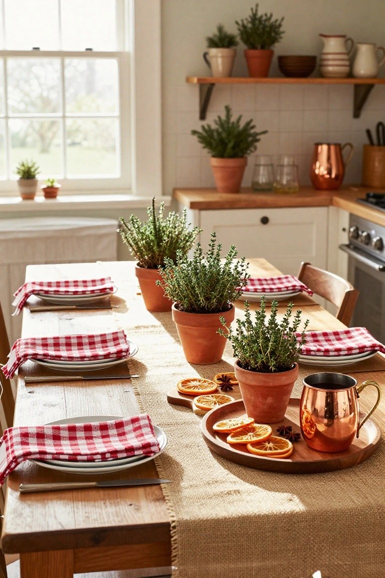 Wooden dining table in a light-filled kitchen set with red gingham napkins, white plates, potted thyme plants as centerpieces, sliced dried oranges and star anise on a wooden board, copper mug, and chairs with cushions.