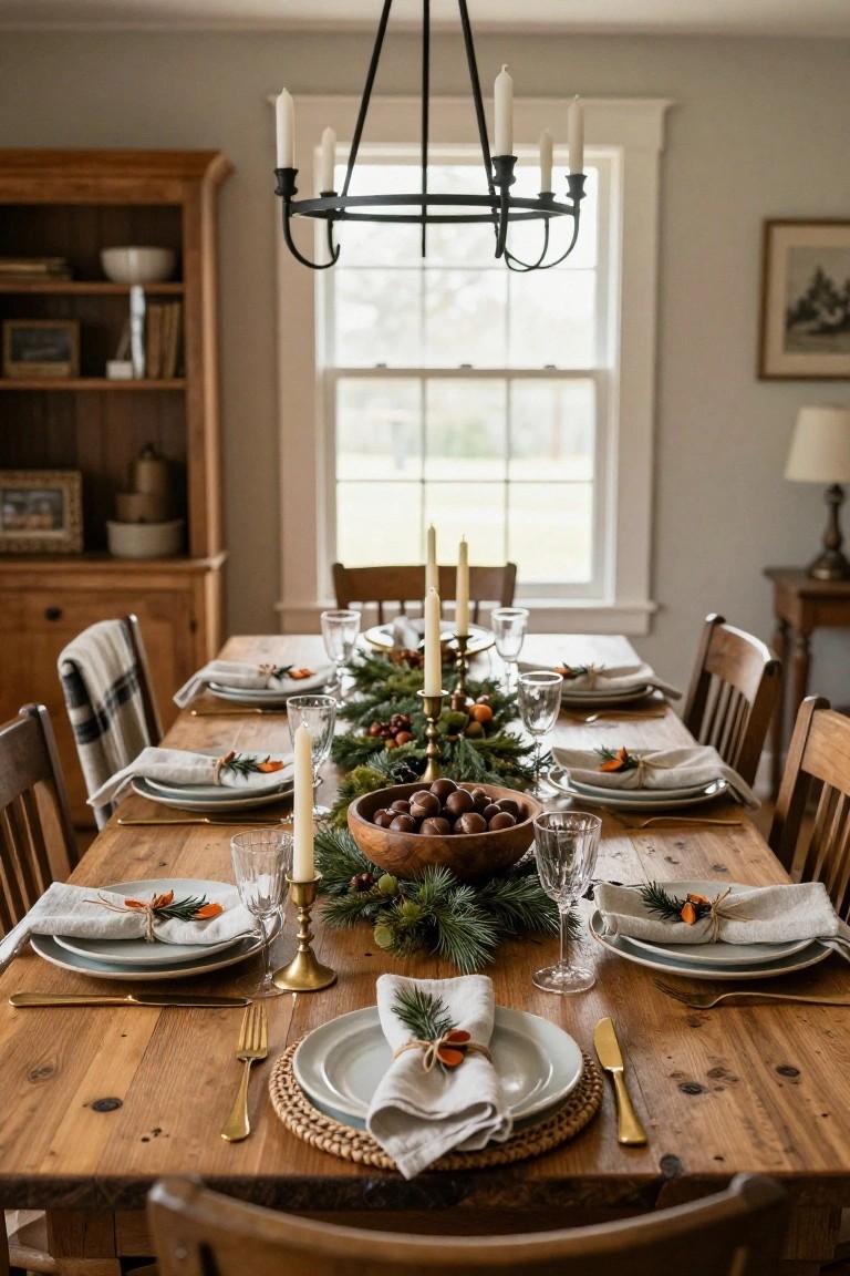 Dining table set for Christmas with pine garland runner, wooden bowl of nuts, taper candles, white plates, gold flatware, and napkins tied with orange slices and rosemary sprigs in a room with wooden furniture and chandelier.