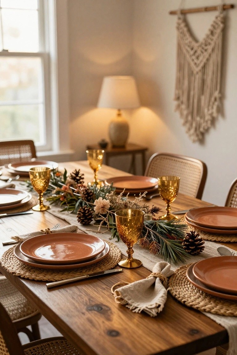 Wooden dining table set for Christmas with terracotta plates, gold textured glasses, beige napkins, seagrass placemats, and a centerpiece garland of pine branches, eucalyptus, pinecones, and dried flowers, surrounded by rattan chairs.