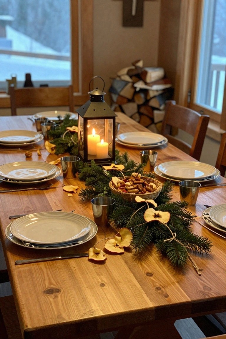 Wooden dining table set for Christmas with white plates, silver cups, fir branch garland, dried apple slices, nut basket, lit lantern, and snowy window view.