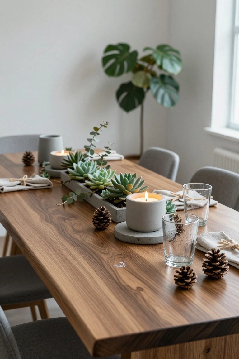 Wooden dining table decorated with a rectangular concrete trough of assorted succulents, eucalyptus branches, gray concrete candles, pinecones, linen napkins tied with twine, and glass water glasses, with gray chairs and a monstera plant in the background.