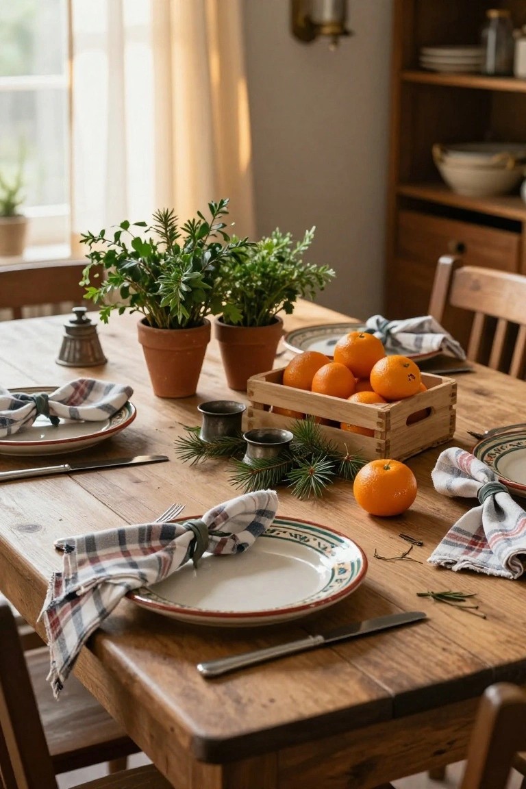 Wooden dining table set with plates, checkered napkins, silverware, a crate of oranges with pine sprigs, potted plants in terracotta pots, and wooden chairs in a light-filled room.