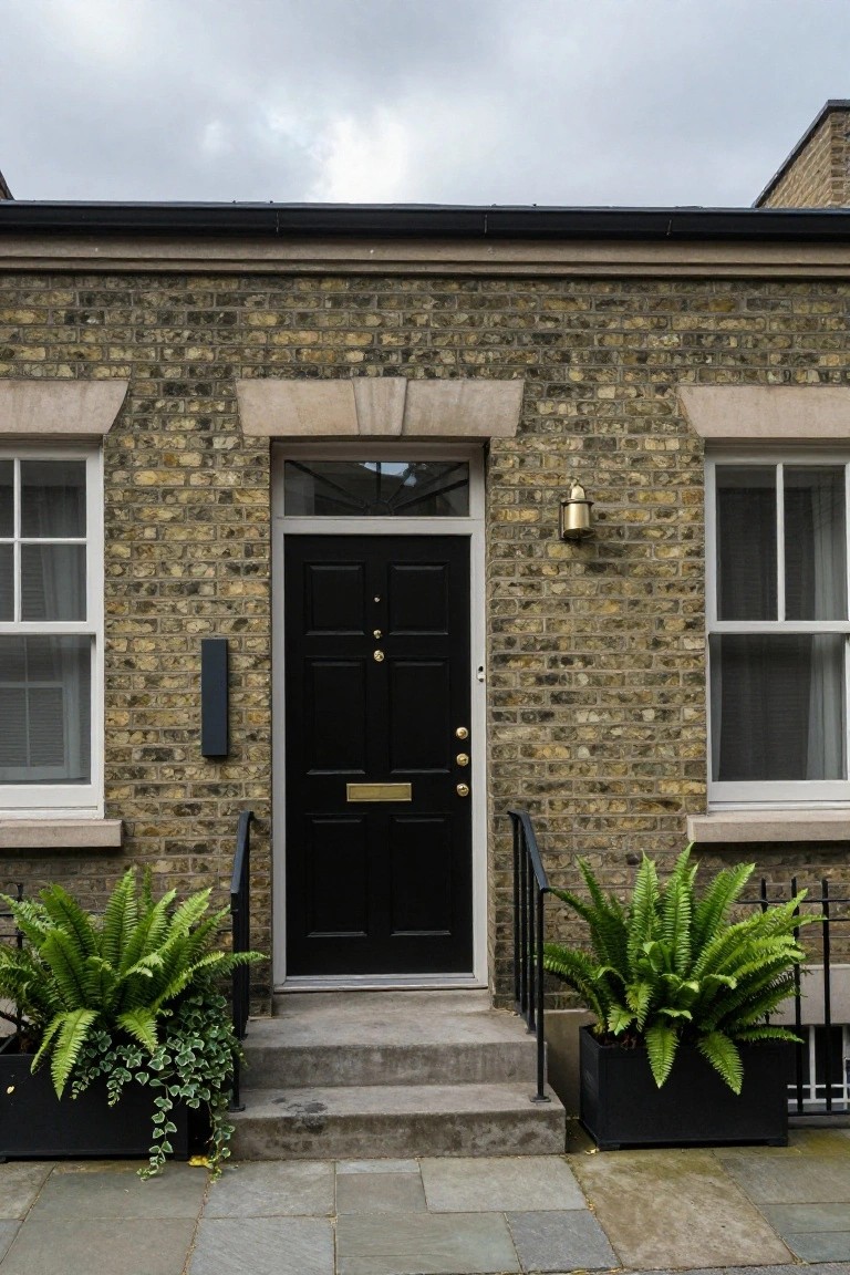 Yellow brick townhouse facade with black front door, brass knocker and letterbox, wall lantern, white-curtained sash windows, and two large black pots of ferns flanking a short set of stone steps on a paved walkway.